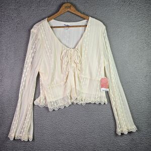 Arula Boho Lace Blouse 2X Cream NWT Scalloped Romantic Ruched Tie Sheer Sleeve